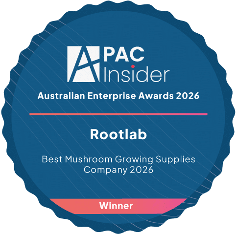 Blue award badge for Rootlab: Best Mushroom Growing Supplies Company, featured on the Main Page and Footer. Recognized at the Australian Enterprise Awards 2026 for excellence in bio solutions.