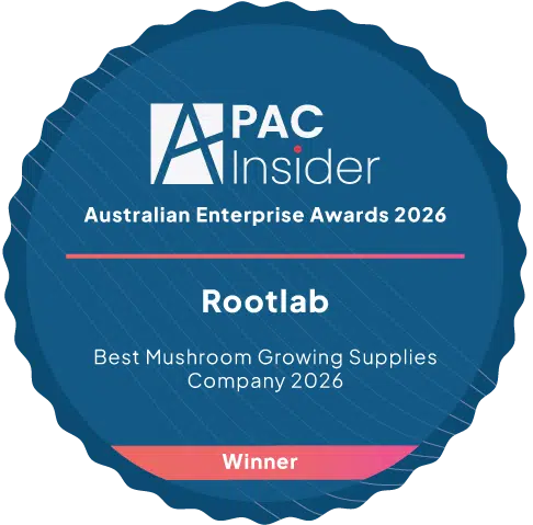 Blue award badge for Rootlab: Best Mushroom Growing Supplies Company, featured on the Main Page and Footer. Recognized at the Australian Enterprise Awards 2026 for excellence in bio solutions.