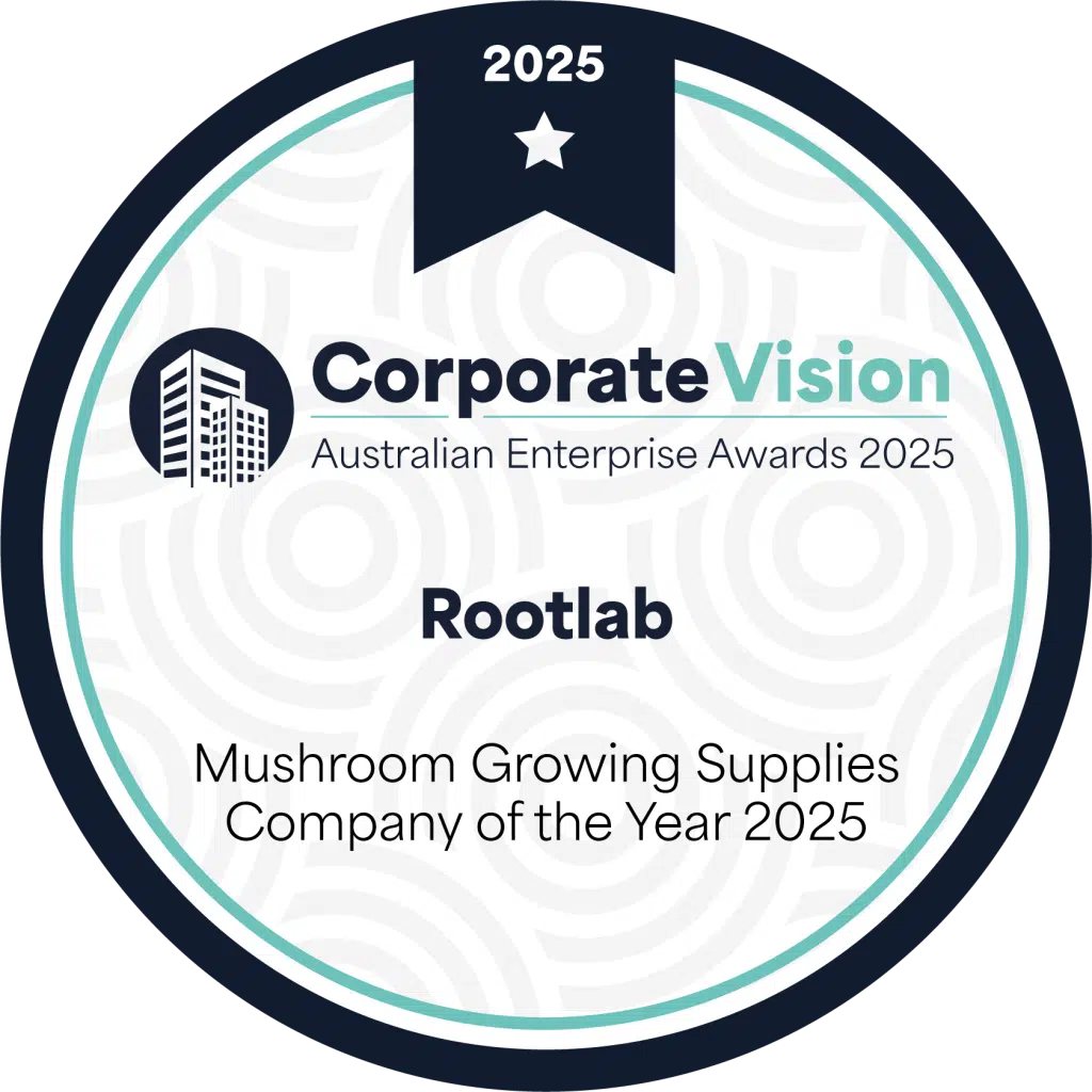 Award badge for Rootlab, featured on the Main Page and Footer as Mushroom Growing Supplies Company of the Year 2025, Australian Enterprise Awards. Bio highlights innovation in mushroom cultivation.