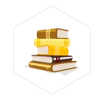 A stack of five colorful books arranged in a pile, set against a white background with a hexagonal border—perfect for enthusiasts exploring topics like Global Mushroom Supplies.
