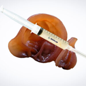 A syringe sits atop a Wood Ear (Auricularia auricula-judae) mushroom against a plain background, highlighting the Mushroom Liquid Culture | Wood Ear | Auricularia auricula-judae | Professional product.