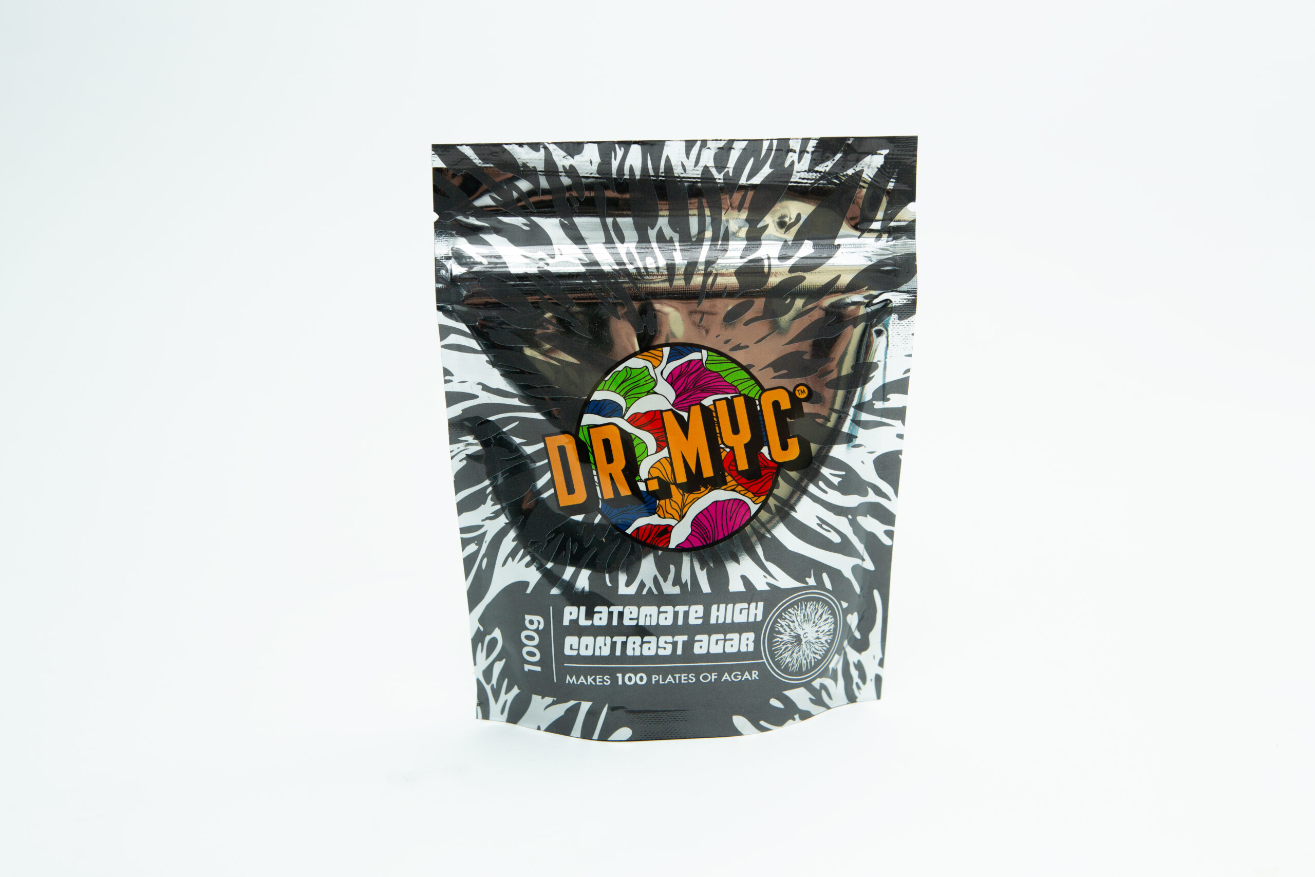 A silver bag labeled DRMyc Adaptive Liquid Culture Premix with colorful mushroom illustrations—ideal for mushroom cultivation or easy preparation of liquid culture.