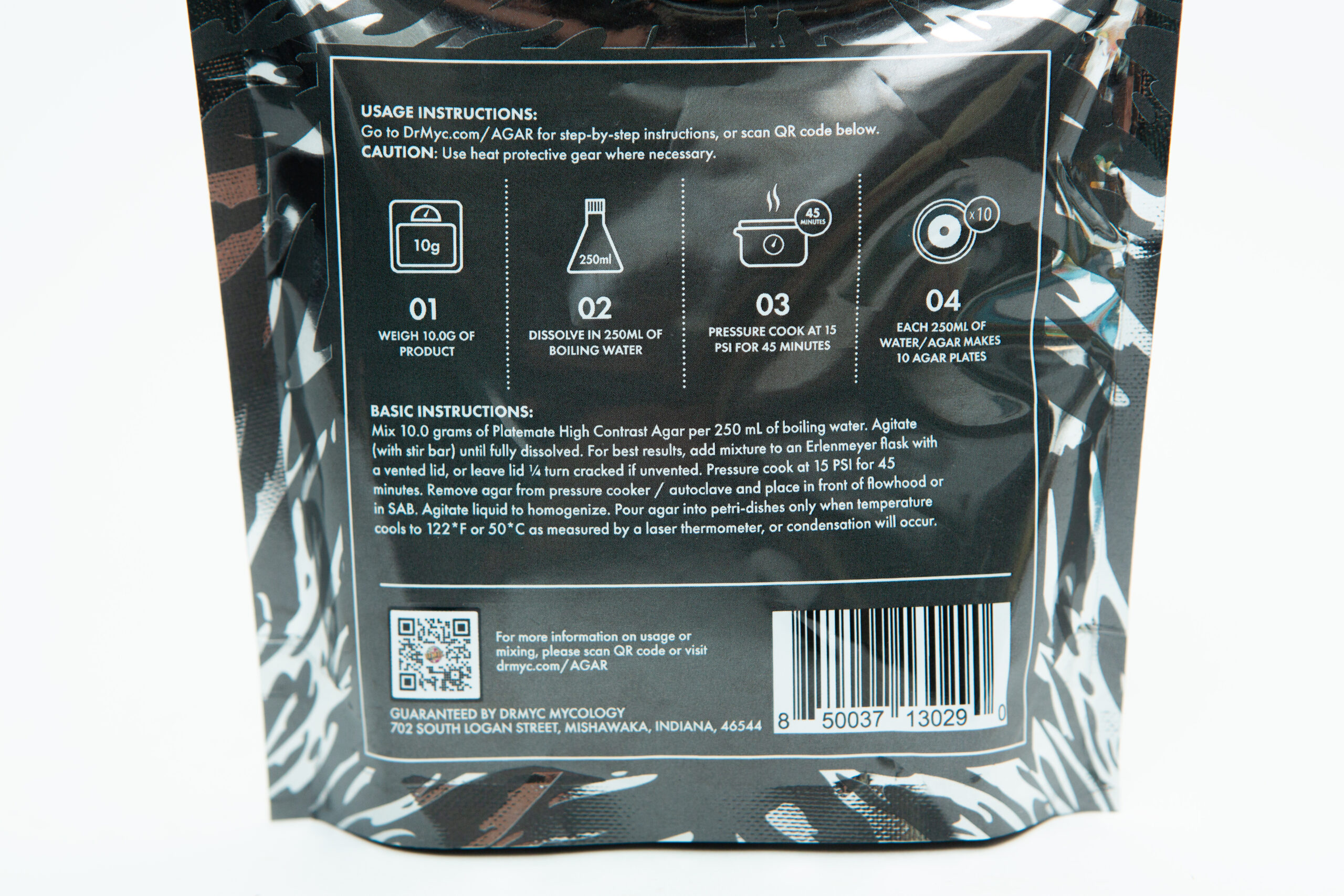 Back of DRMyc Adaptive Liquid Culture Premix package with usage instructions, simple steps for mushroom liquid culture prep, helpful icons, and a barcode.