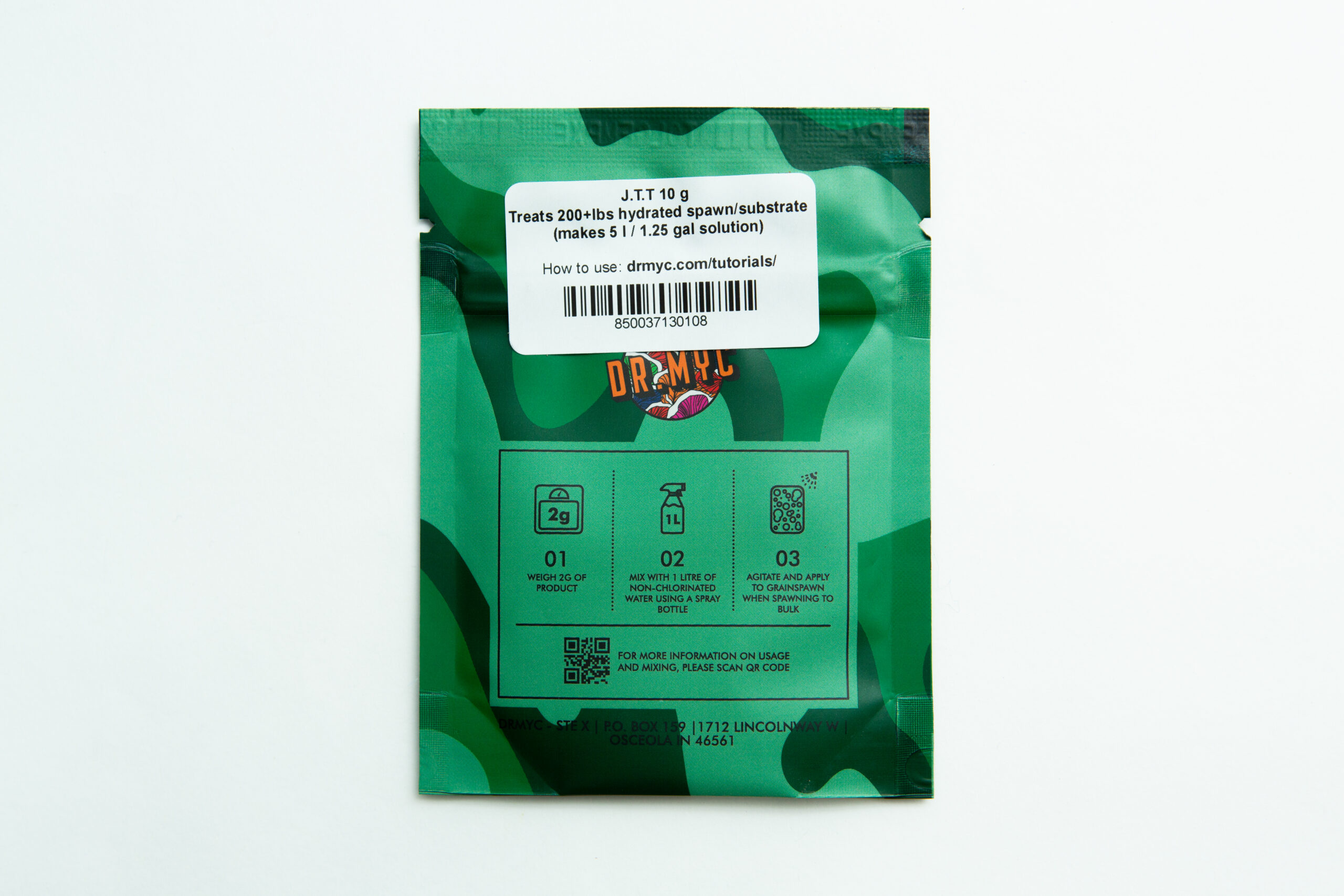 A green packet labeled DRMyc Adaptive Liquid Culture Premix contains instructions for treating over 200 lbs of hydrated spawn or substrate, making it ideal for mushroom cultivation and compatible with liquid culture premix.