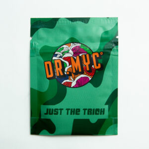 The DRMyc Adaptive Liquid Culture Premix comes in a green packet with a colorful mushroom design and "JUST THE TRICH" text—perfect for preparing liquid culture easily.