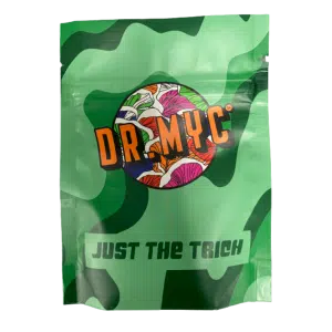 DRMyc Just-the-Trich - For Substrate Vitality: a green camo bag with colorful mushrooms and logo—ideal for trich fans or anyone wanting to boost substrate vitality with style.