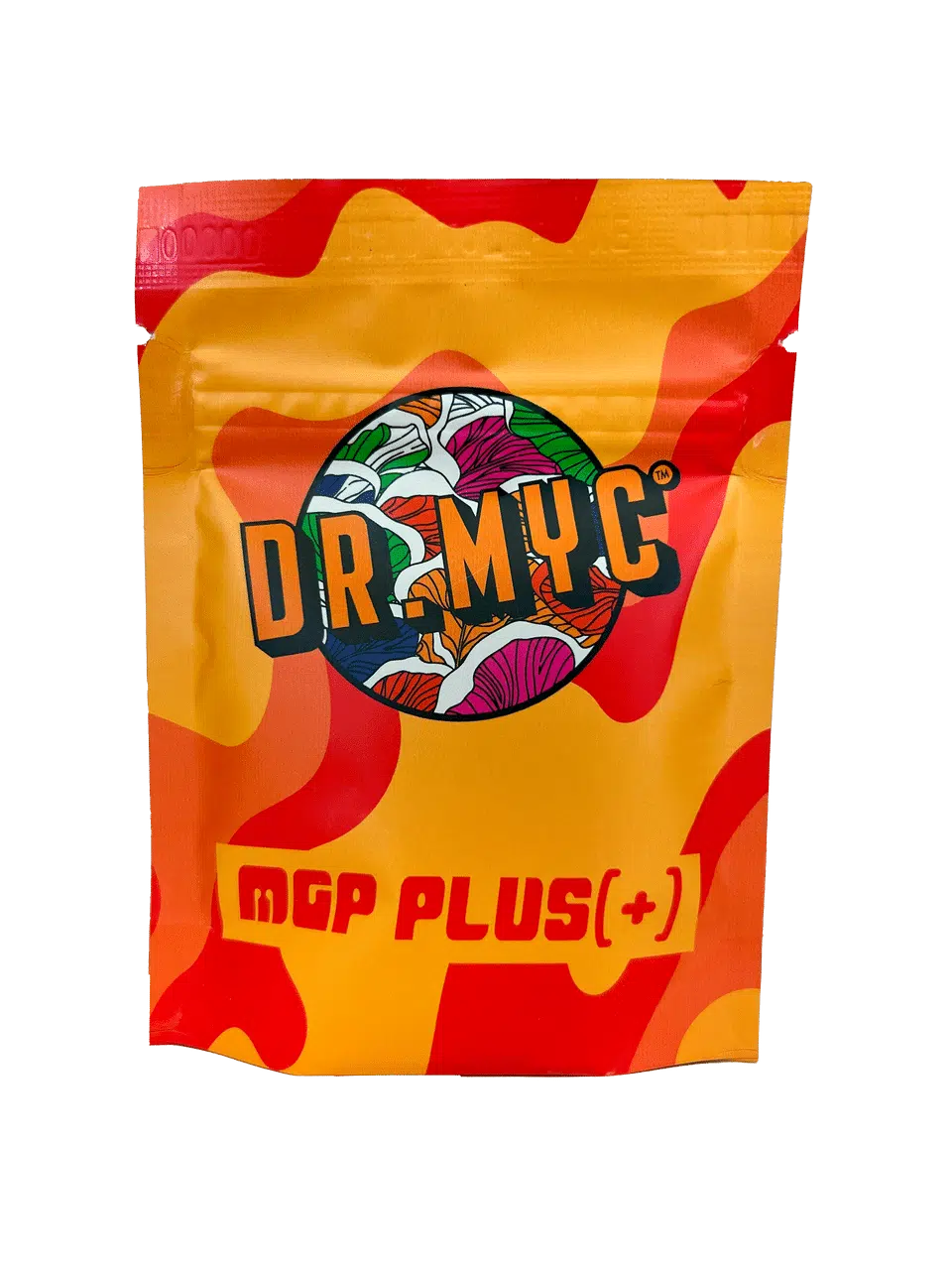 A vibrant DRMyc MGP Plus - Growth Promotion + Substrate Vitality bag features a colorful mushroom design and is made to effectively promote mushroom growth.