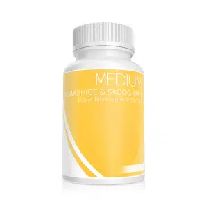 A white bottle with a yellow label reads Plant Cell Murashige & Skoog (MS) Basal Medium w/ Vitamins, ideal for plant cell culture.