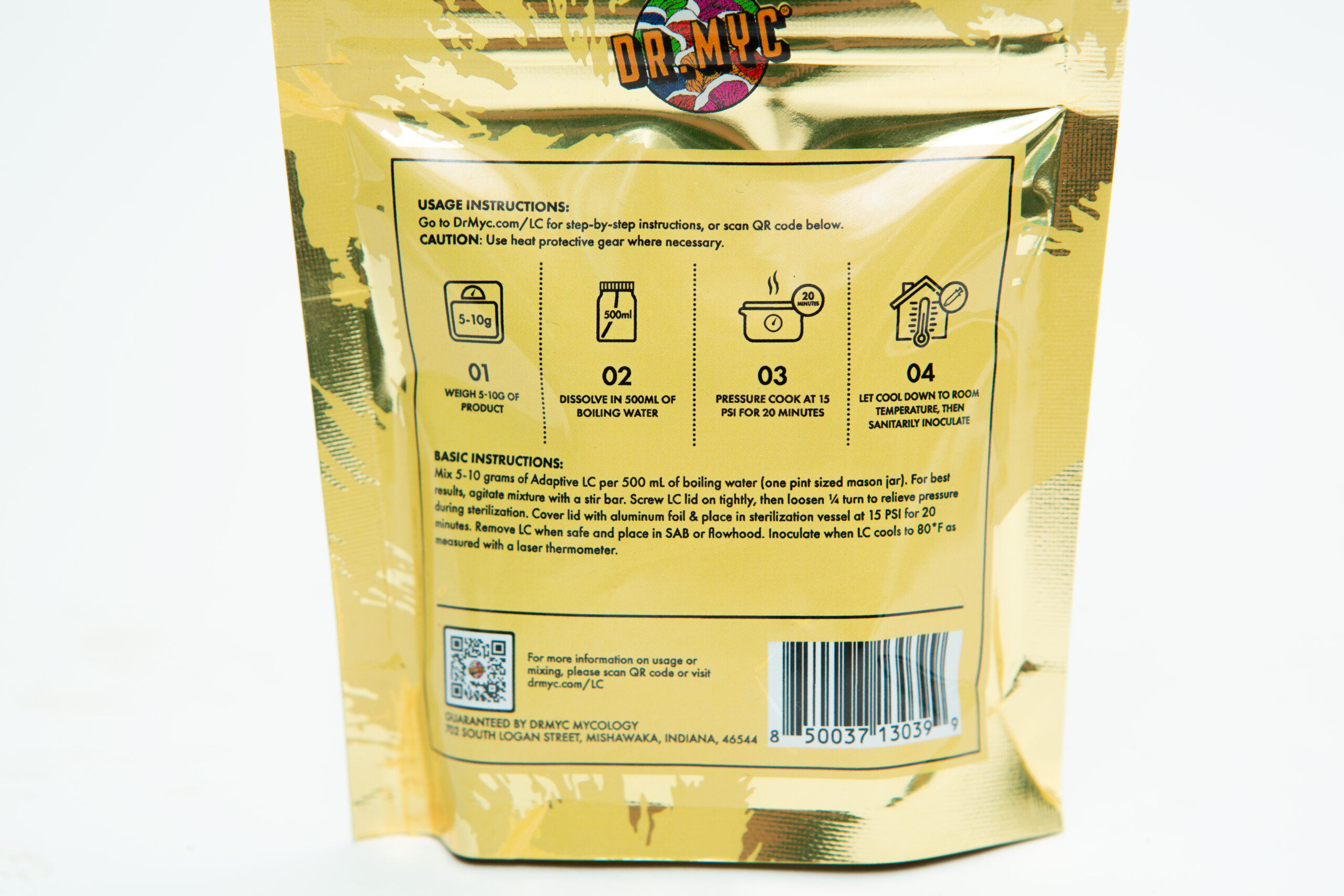 Gold foil packet of DRMyc Adaptive Liquid Culture Premix with usage instructions, barcode, text, and QR codes to easily guide you in preparing liquid culture.