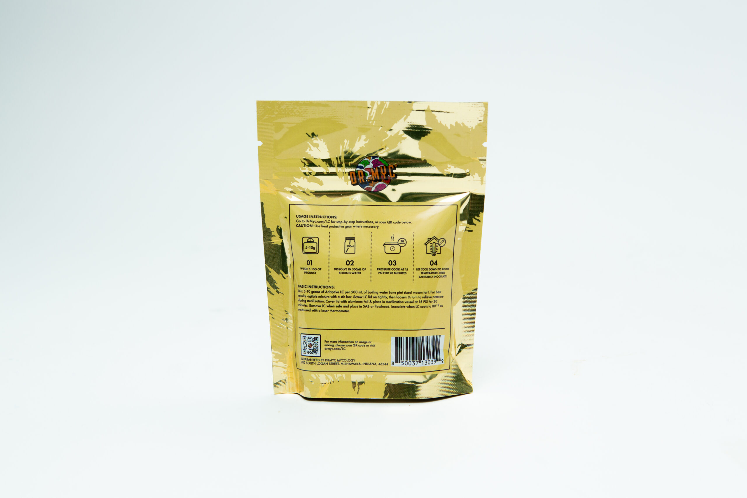 A gold foil pouch of DRMyc Adaptive Liquid Culture Premix with brewing instructions and barcode on the back—ideal for preparing liquid culture or starting mushroom cultivation, all set against a white background.