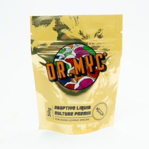 Gold pouch of DRMyc Adaptive Liquid Culture Premix, perfect for preparing liquid cultures for dung-loving species, 50g. #drmyc.
