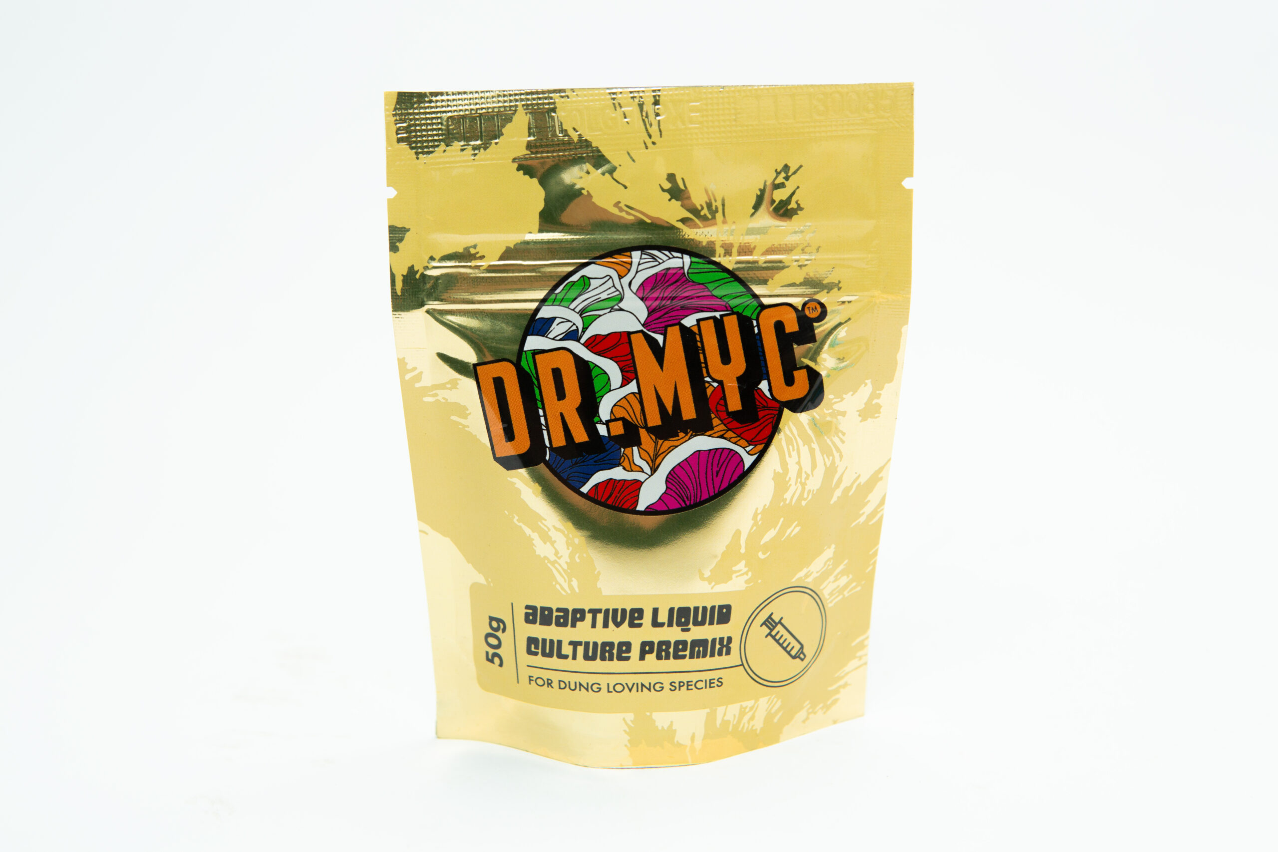 Gold pouch of DRMyc Adaptive Liquid Culture Premix, perfect for preparing liquid cultures for dung-loving species, 50g. #drmyc.