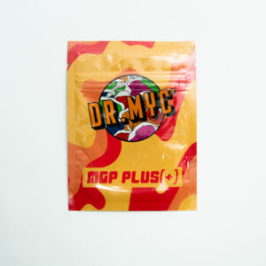 A vibrant DRMyc Adaptive Liquid Culture Premix packet features a bold logo over abstract red and yellow, ideal for mushroom growers seeking a convenient liquid culture solution from drmyc.