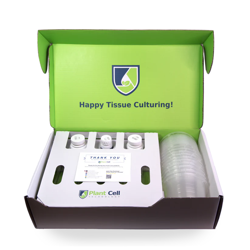 The Plant Cell Tissue Culture Starter Kit includes bottles, petri dishes, and a thank you card inside the box.