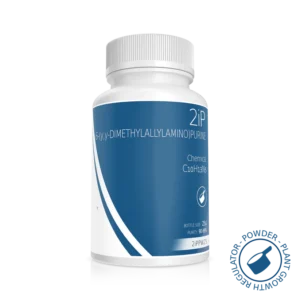 White bottle labeled 2iP with blue label displaying chemical formula C10H13N5 and bottle size 25g.