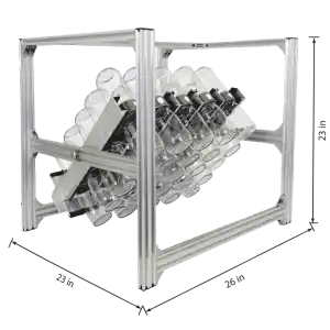 The Plant Cell BioTilt™ 25 features a metal frame holding angled glass bottles with black caps in two rows, designed for plant cell applications.