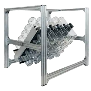 The Plant Cell BioTilt™ 25 system features glass bottles on a tilted metal rack in a rectangular aluminum frame, perfect for innovative plant cell research.