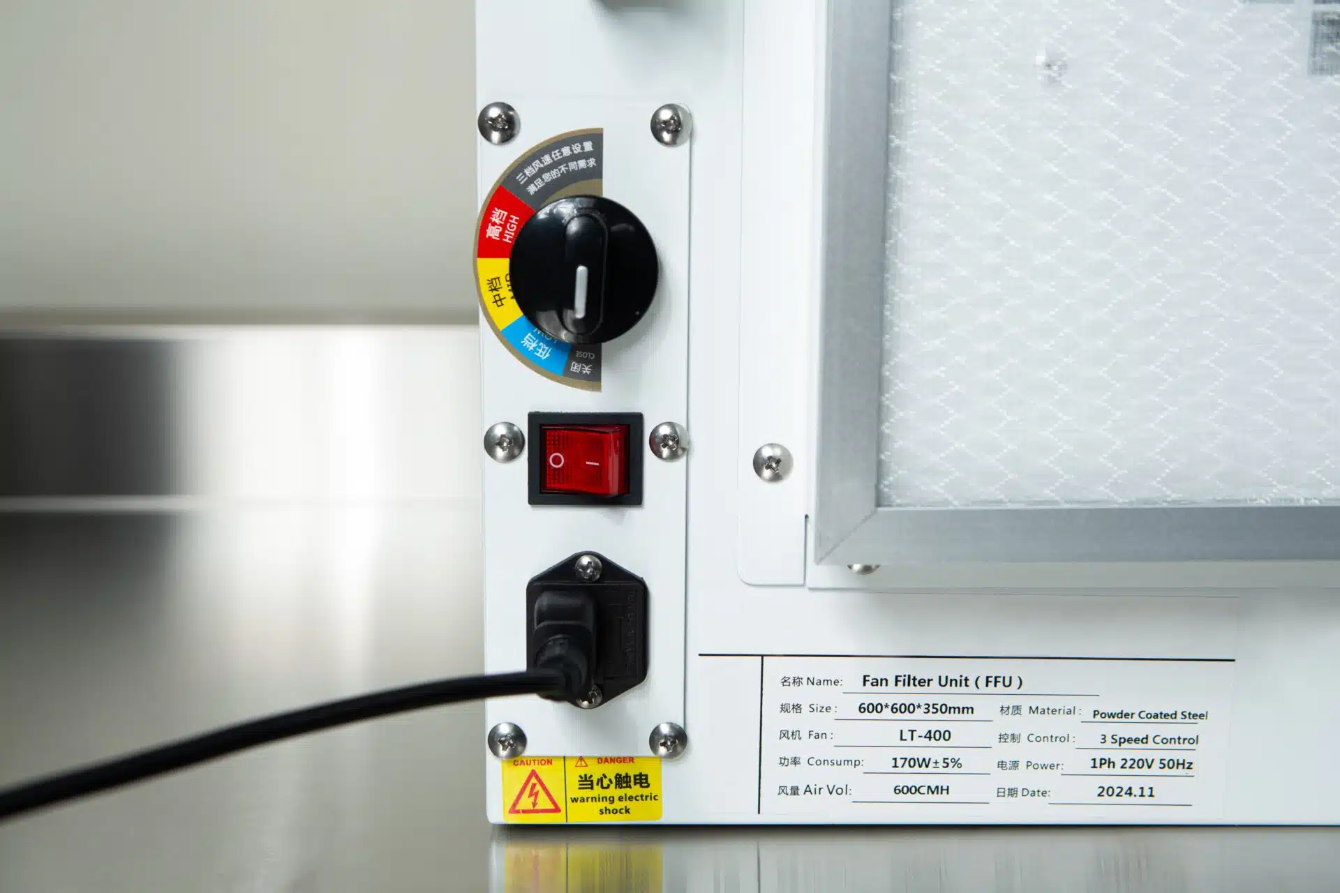 Close-up of the control panel on the Laminar Flow Hood HEPA Airfilter H14 w/prefilter 60x60x35cm, showing switches, power cord, and warning labels.