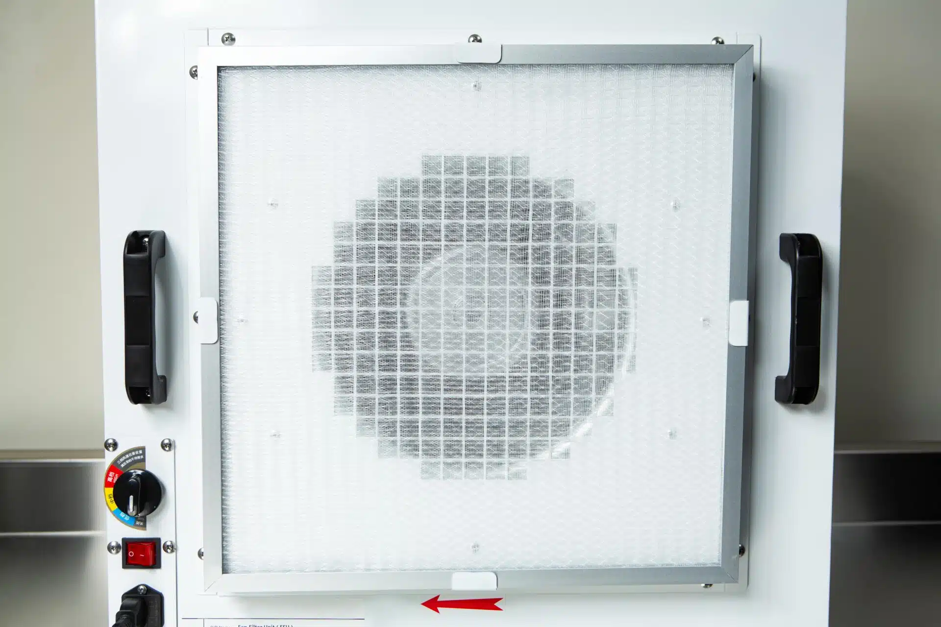 Front view of the Laminar Flow Hood HEPA Airfilter H14 w/prefilter 60x60x35cm showing the H14 HEPA filter, control knob, and a red arrow pointing left.