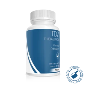 White bottle labeled Plant Cell Thidiazuron (TDZ) with blue label showing chemical formula and purity—ideal for plant cell research.