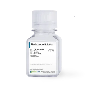 A clear plastic bottle labeled Plant Cell Thidiazuron (TDZ), designed for plant cell culture, with product details visible, is displayed on a white background.