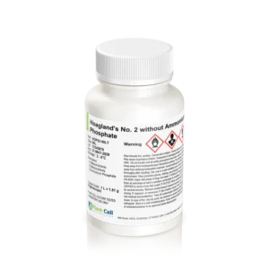 White bottle labeled Plant Cell Hoagland's No. 2 Basal Salt Mixture, features warning symbols—ideal for plant cell cultures and laboratory applications.