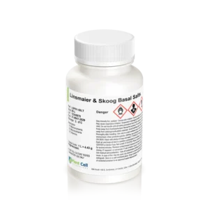 White bottle labeled “Plant Cell Linsmaier & Skoog (LS) Basal Salts” with warning symbols and safety instructions, widely used in plant cell research.