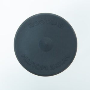 Top view of a black Silicon Mason Jar Lid | Wide Mouth | Autoclavable with ROOTLAB and WIDE MOUTH embossed on its surface.