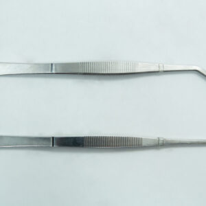 Two stainless steel dental tweezers, one with a straight tip and one with an angled tip, on a white background.