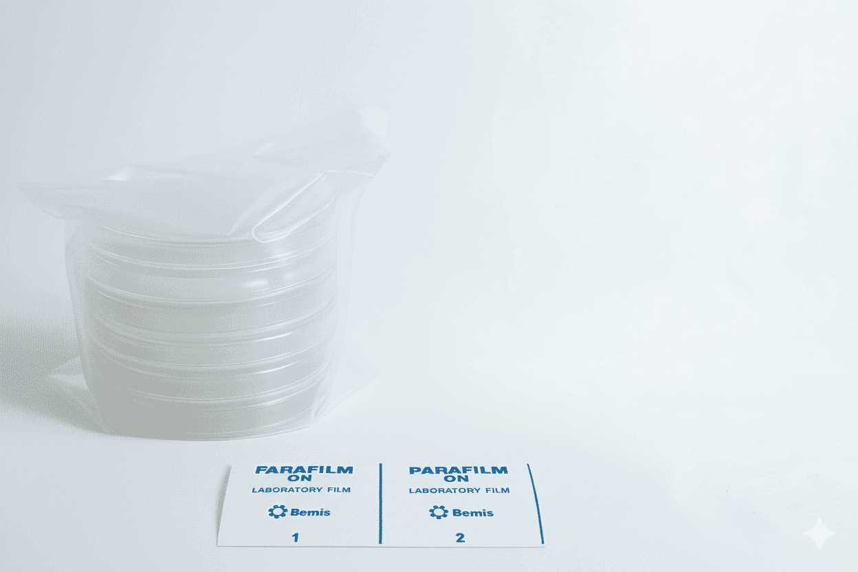 A stack of 90mm Petri Dishes in a plastic bag sits next to two labeled squares of Parafilm laboratory film, each dish prepared with Sterile Water Agar for precise laboratory work.