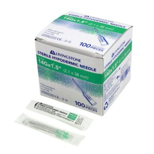 Box and packets of Livingstone sterile hypodermic needles, 14Gx1.5, 100 pieces.