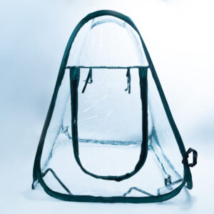 A clear plastic pop-up tent with a zippered front door, set against a light background.