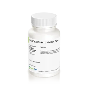 White plastic bottle labeled Plant cell Gesolgel-MTC-Gellan gum (High Acyl) 100g with warning and storage instructions—ideal for use in plant cell culture applications.