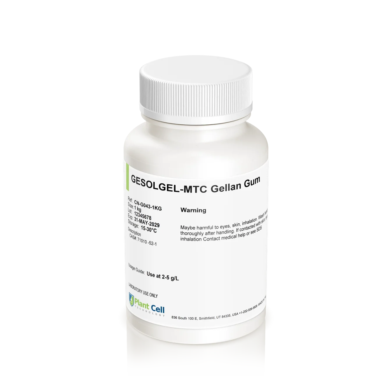 White plastic bottle labeled Plant cell Gesolgel-MTC-Gellan gum (High Acyl) 100g with warning and storage instructions—ideal for use in plant cell culture applications.