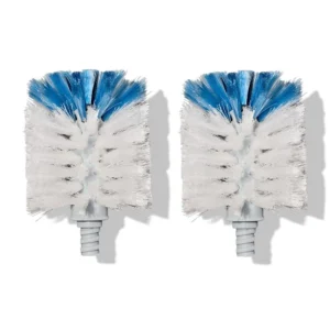 Two replacement brush heads with white and blue bristles, shown against a white background.