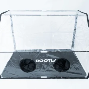 Clear rectangular grow tent with black base, two circular openings, and ROOTLA text on the bottom.