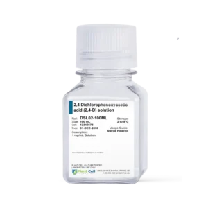 A clear plastic bottle labeled 2,4 Dichlorophenoxyacetic acid (2,4-D) solution on a white background.