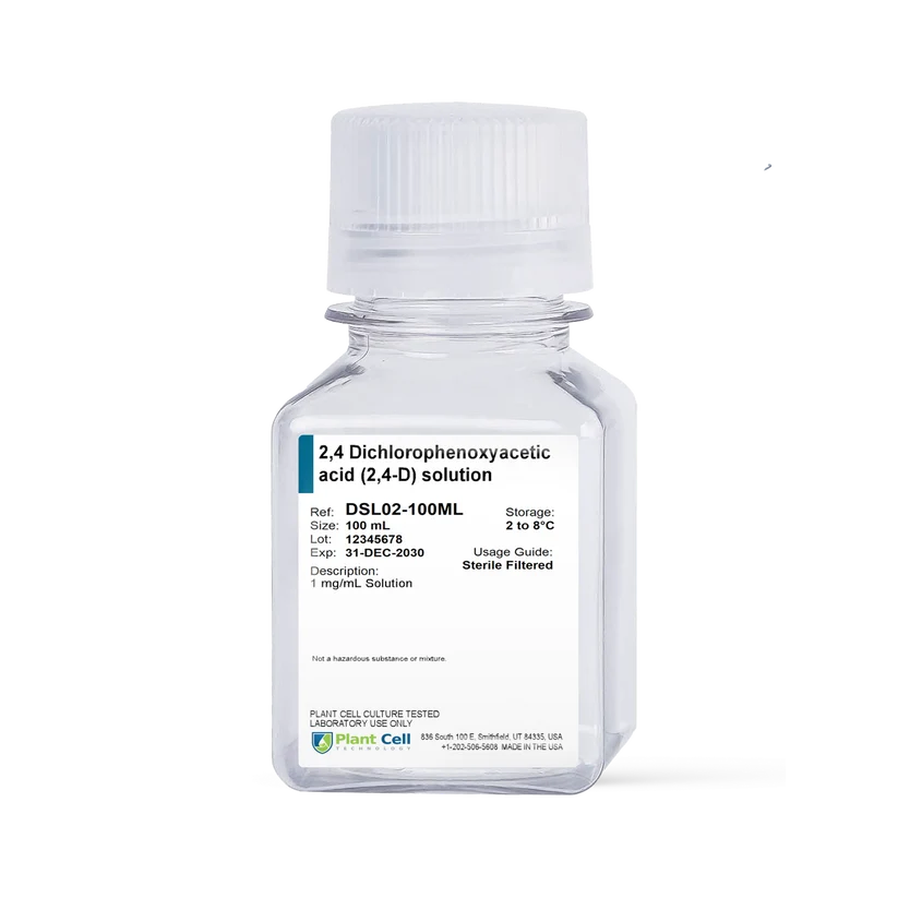 A clear plastic bottle labeled 2,4 Dichlorophenoxyacetic acid (2,4-D) solution on a white background.