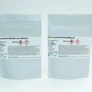 Two white pouches labeled Houseplant Multiplication Medium and Houseplant Rooting Medium on a white background.