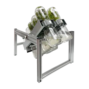 Six glass jars with plants, positioned upside down on a silver metal rack, display the Plant Cell BioTilt™ 8 system against a plain white background, emphasizing its innovative method for observing Plant Cell development.