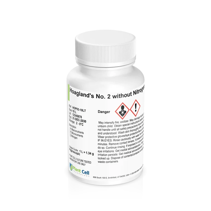 White bottle labeled Hoaglands No. 2 without Nitrogen, with hazard symbols and detailed usage instructions.