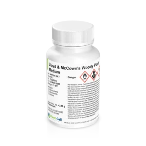 White bottle labeled Lloyd & McCowns Woody Plant Medium with hazard symbols and text warnings.