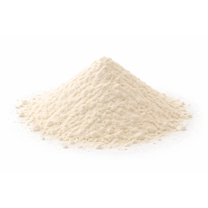 A small mound of fine, off-white powder on a white background.
