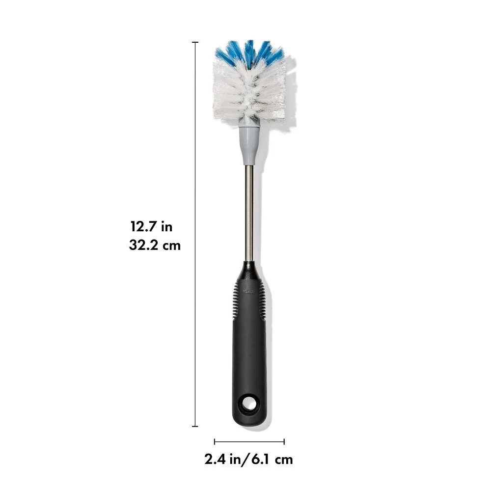 Bottle brush with black handle and blue-white bristles, with height and width measurements shown.