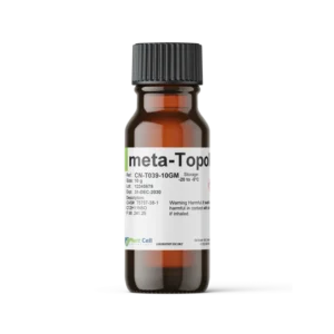 Brown glass bottle labeled meta-Topol with safety warning and storage instructions, white background.