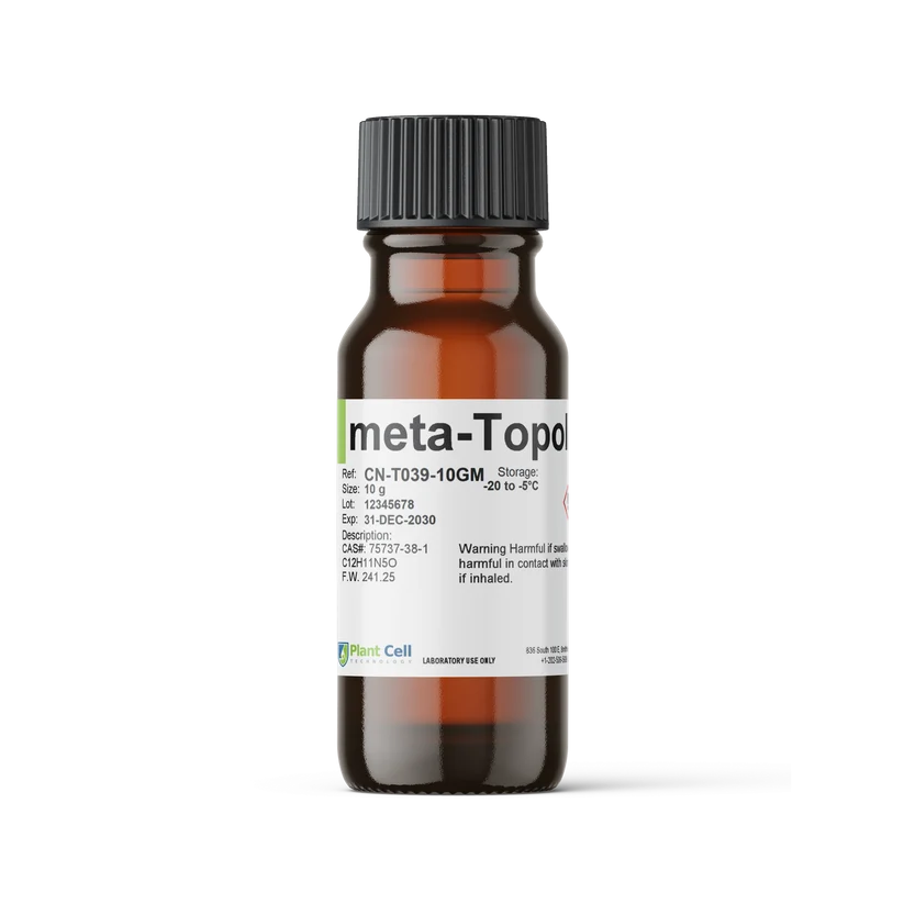 Brown glass bottle labeled meta-Topol with safety warning and storage instructions, white background.