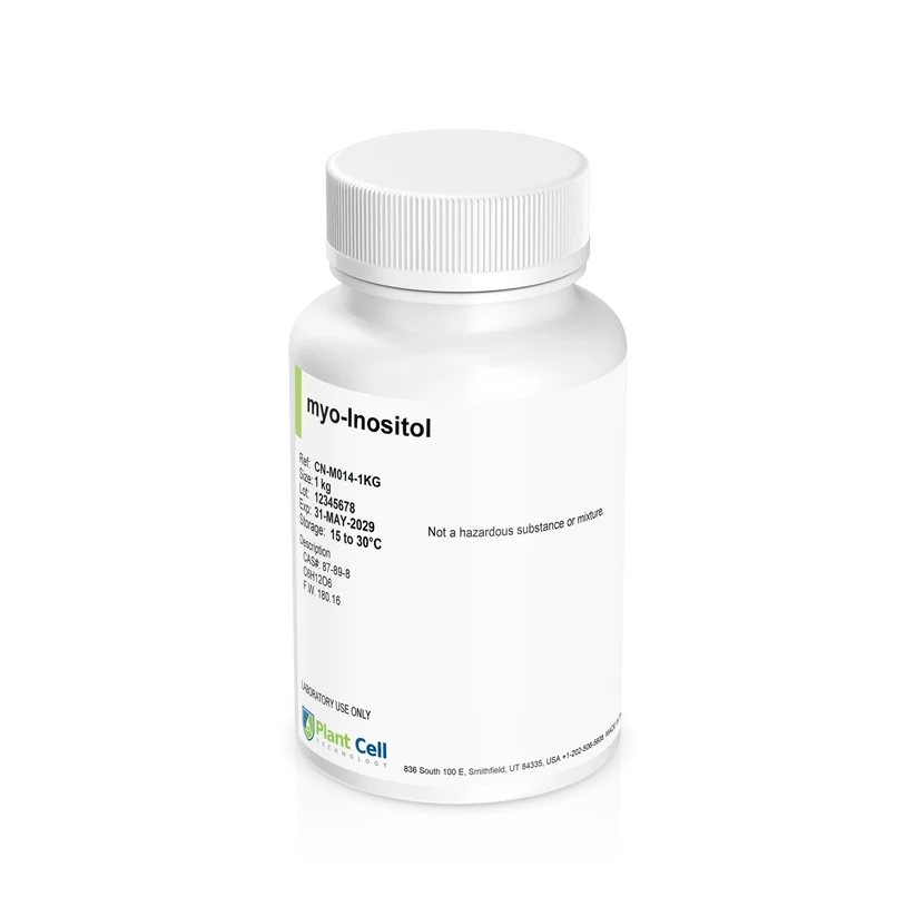White bottle labeled myo-Inositol with green accents, white cap, and Plant Cell logo at the bottom.