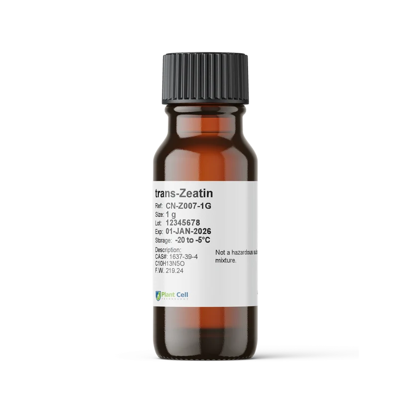 Small amber glass bottle with a white label displaying chemical information and barcodes.
