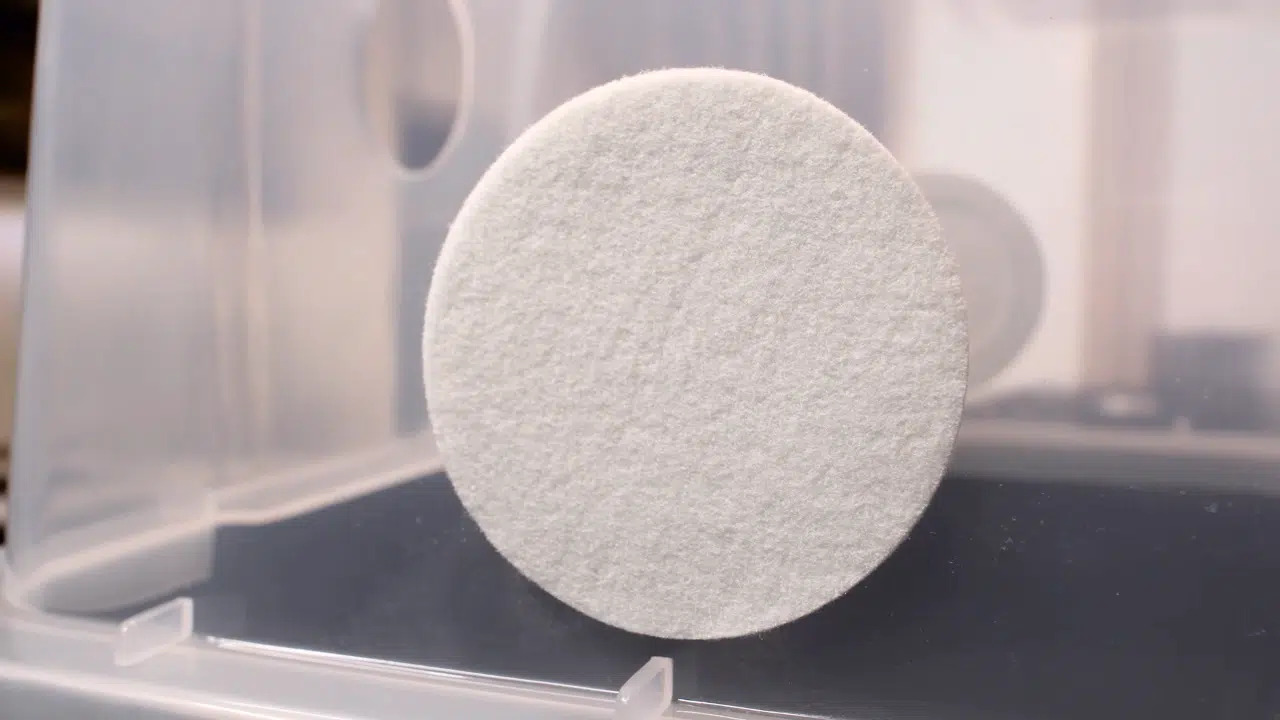 A round white filter in the Mushroom Monotub Fruiting Chamber : Hard case with a sturdy dark base.