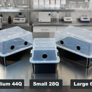 Three black plastic bins with clear lids serve as a Mushroom Monotub Fruiting Chamber : Hard case on a lab table.